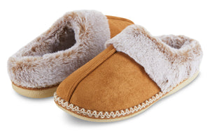 Womens Soft Classic Aztec Trim Indoor/Outdoor Two-Tone Faux Fur Clog Slipper - Chestnut