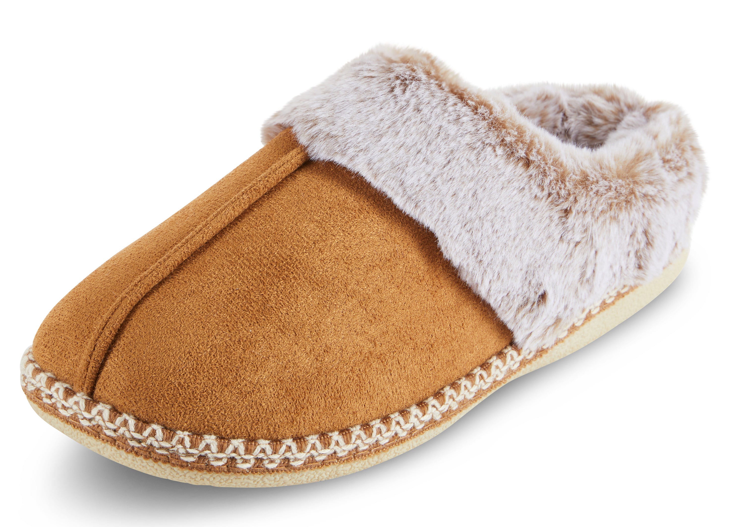 Womens Soft Classic Aztec Trim Indoor/Outdoor Two-Tone Faux Fur Clog Slipper - Chestnut