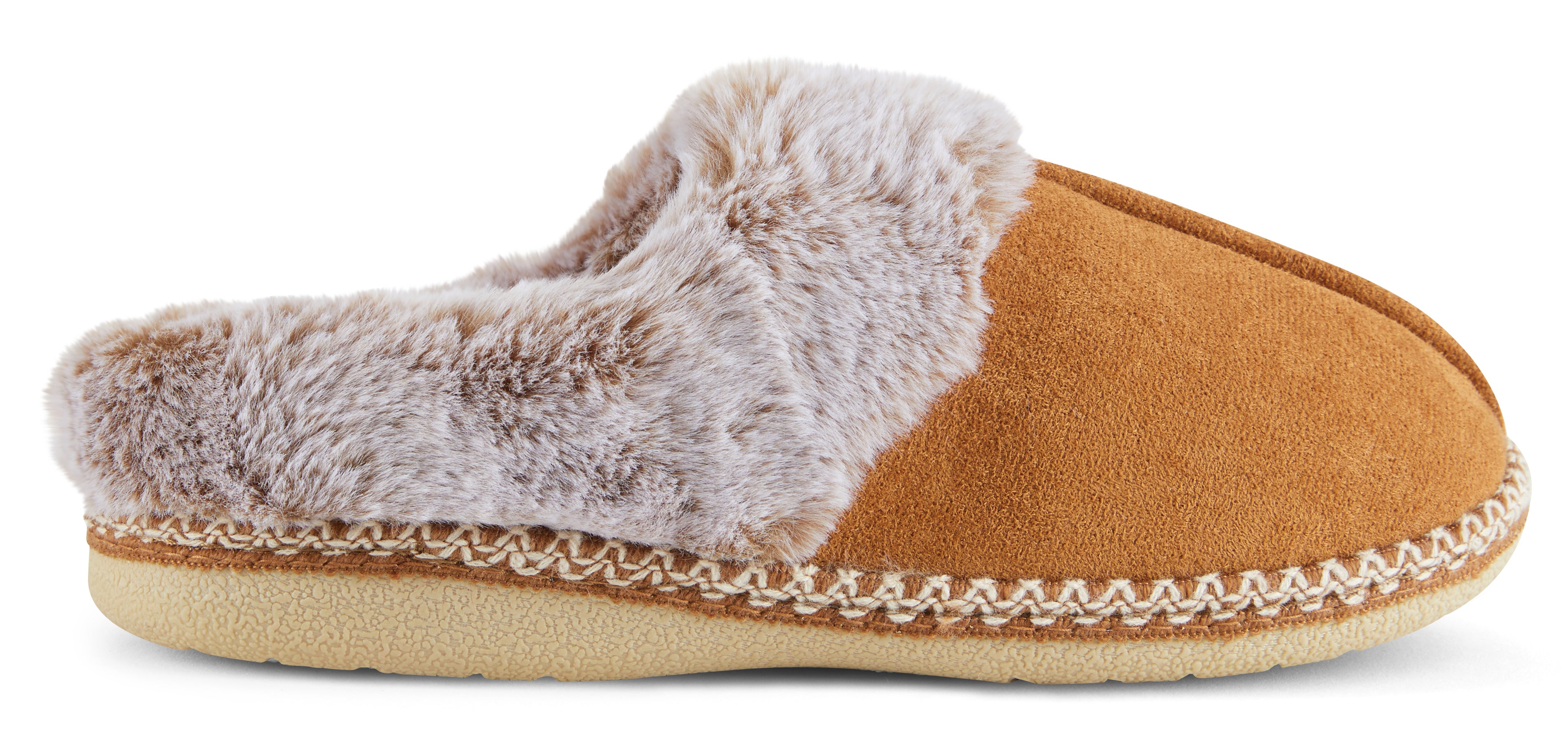 Womens Soft Classic Aztec Trim Indoor/Outdoor Two-Tone Faux Fur Clog Slipper - Chestnut