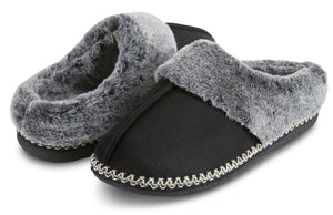 Womens Soft Classic Aztec Trim Indoor/Outdoor Two-Tone Faux Fur Clog Slipper - Black