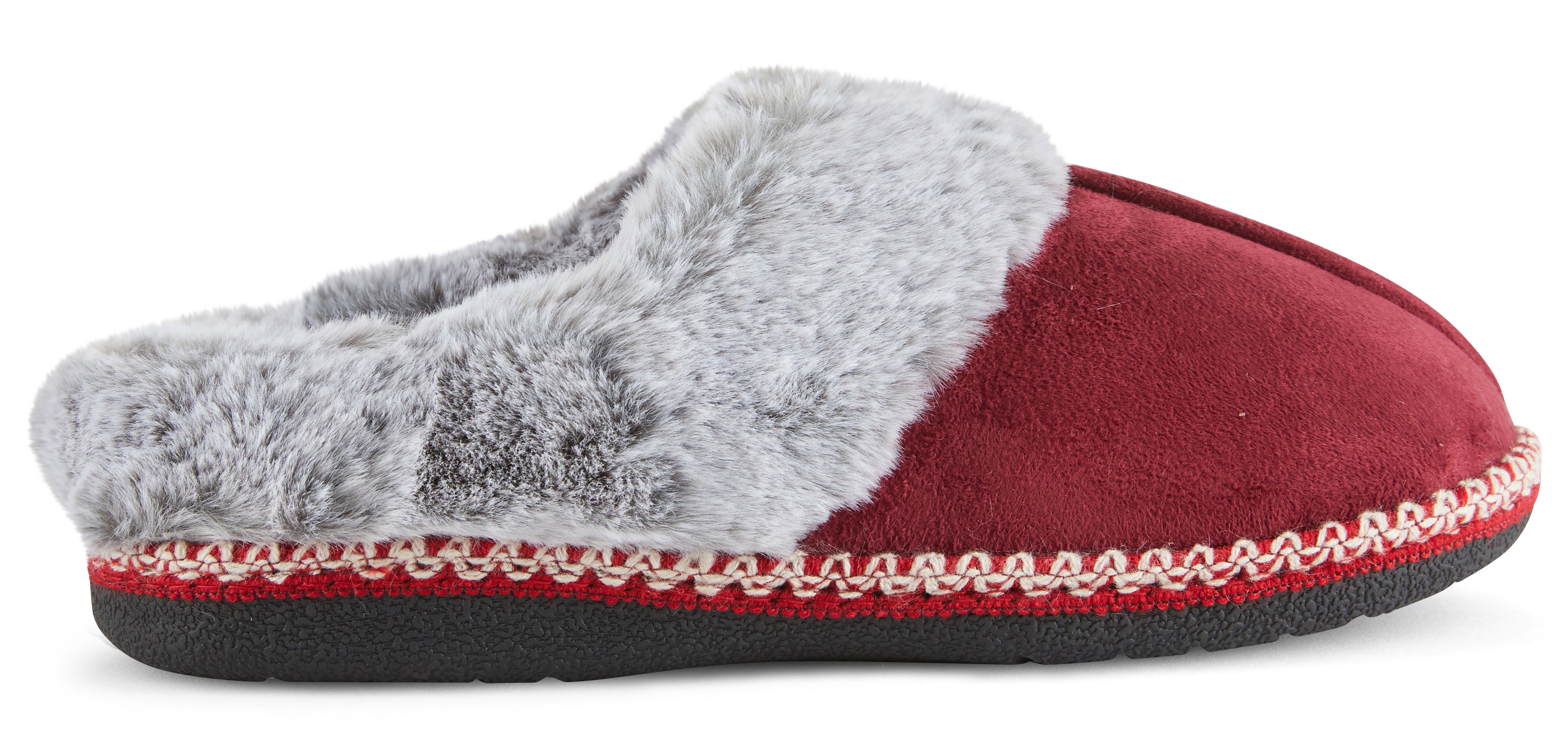 Womens Soft Classic Aztec Trim Indoor/Outdoor Two-Tone Faux Fur Clog Slipper - Red