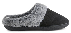 Womens Soft Quilted Indoor/Outdoor Two-Tone Faux Fur Clog Slipper -Black