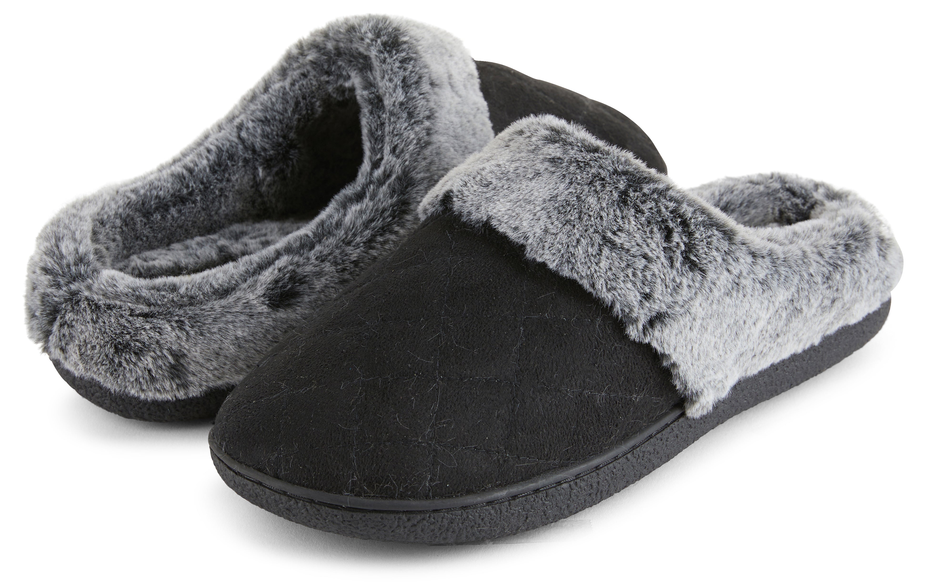 Womens Soft Quilted Indoor/Outdoor Two-Tone Faux Fur Clog Slipper -Black