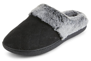 Womens Soft Quilted Indoor/Outdoor Two-Tone Faux Fur Clog Slipper -Black