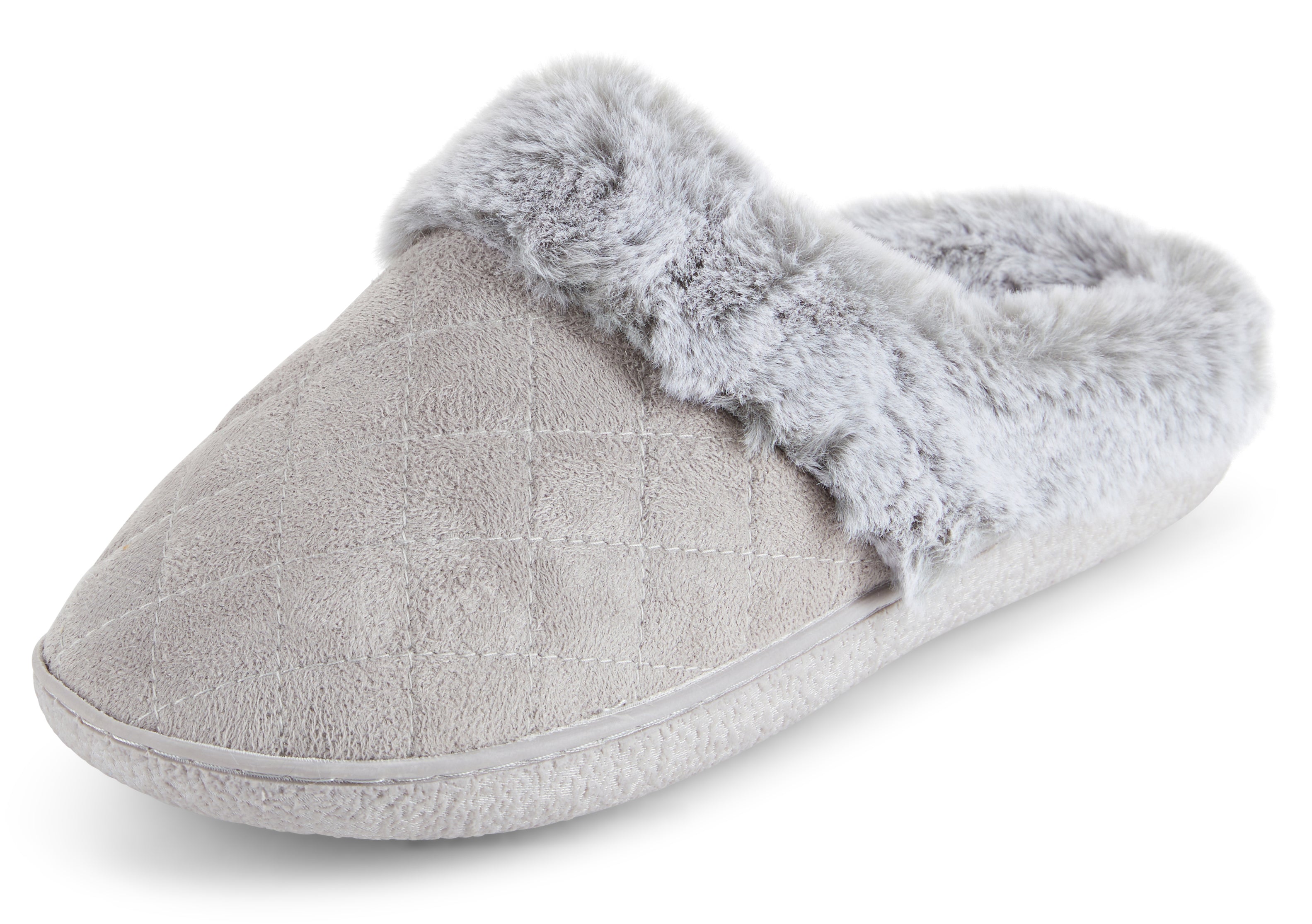 Womens Soft Quilted Indoor/Outdoor Two-Tone Faux Fur Clog Slipper - Grey