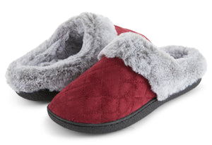 Womens Soft Quilted Indoor/Outdoor Two-Tone Faux Fur Clog Slipper - Burgundy