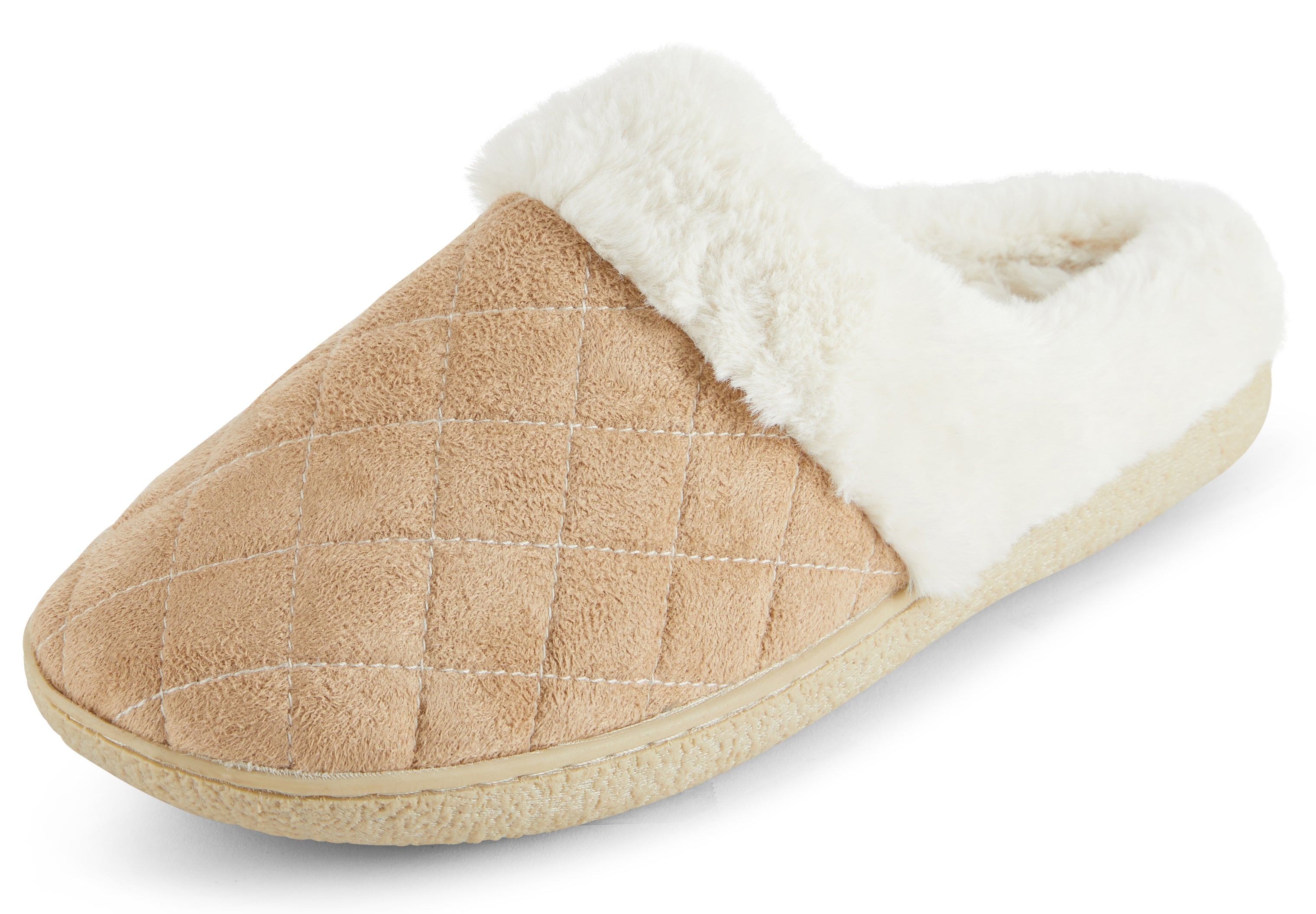 Womens Soft Quilted Indoor/Outdoor Two-Tone Faux Fur Clog Slipper - Beige