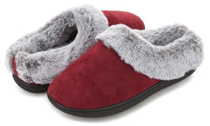 Womens Soft Classic Indoor/Outdoor Two-Tone Faux Fur Clog Slipper - Burgundy