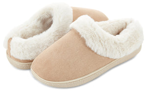 Womens Soft Classic Indoor/Outdoor Two-Tone Faux Fur Clog Slipper - Beige