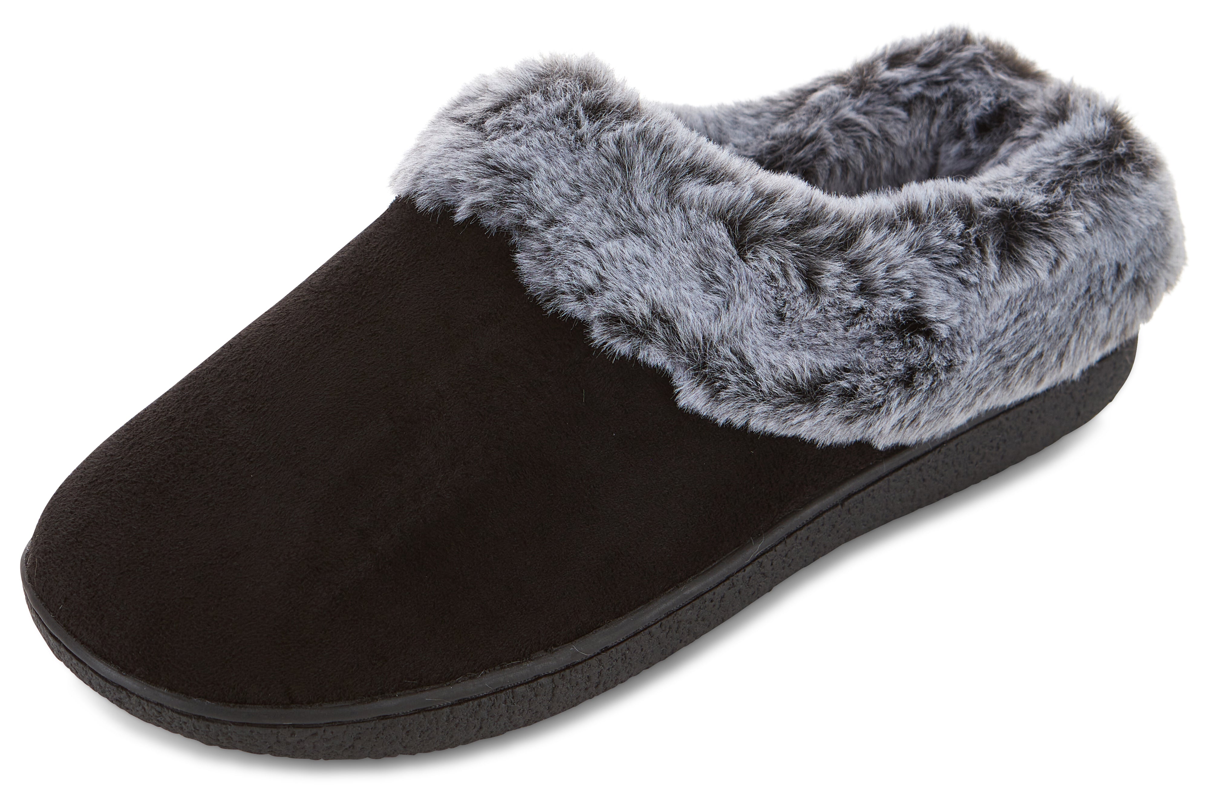 Womens Soft Classic Indoor/Outdoor Two-Tone Faux Fur Clog Slipper - Black